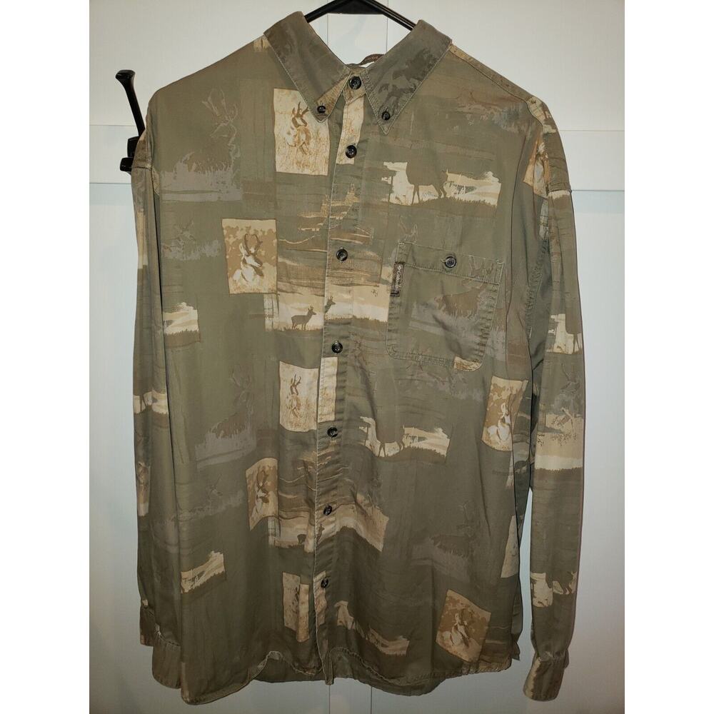 Columbia Green with Antelope Pictures LS Button-Up Cotton Shirt Men's Large